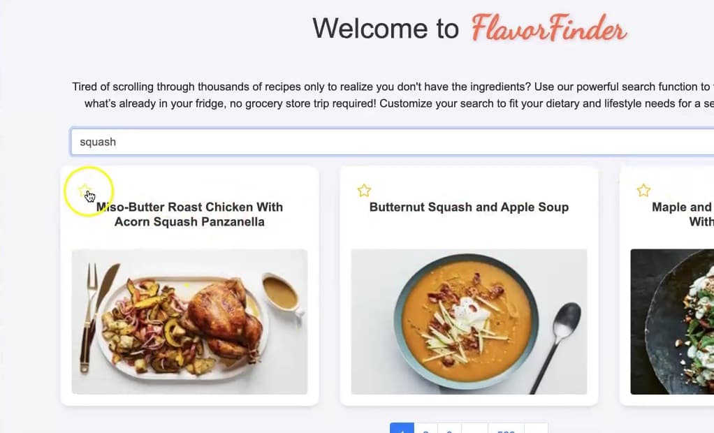 Screenshot of the FlavorFinder web application showing a search for squash and three matching recipe cards with photographs, above pagination running to 563 pages.