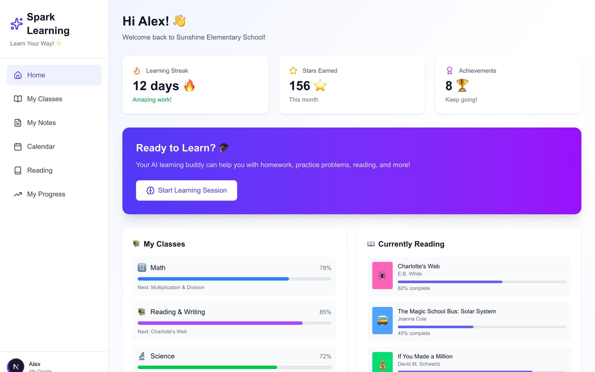 Screenshot of the LearnWay dashboard. A sidebar lists classes, notes, calendar, reading and progress. The main panel greets a student, shows a learning streak, stars earned and achievements, a prompt to start a learning session, and progress bars for four subjects.